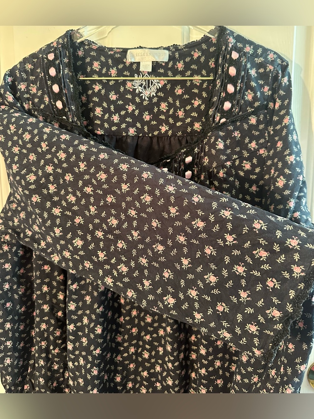 EILEEN WEST 3X Nightgown Black Floral 100% Cotton Long Sleeve Dreamtime Jersey - Picture 8 of 11